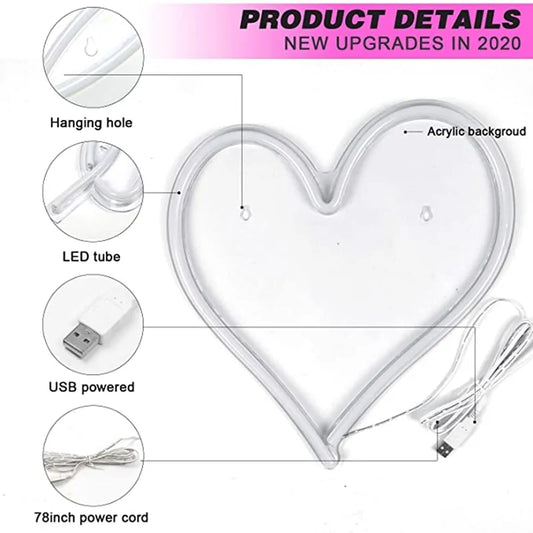 Big Heart Shape Neon Sign Wall Hanging Light - 38cm, USB Powered by Anti Spier