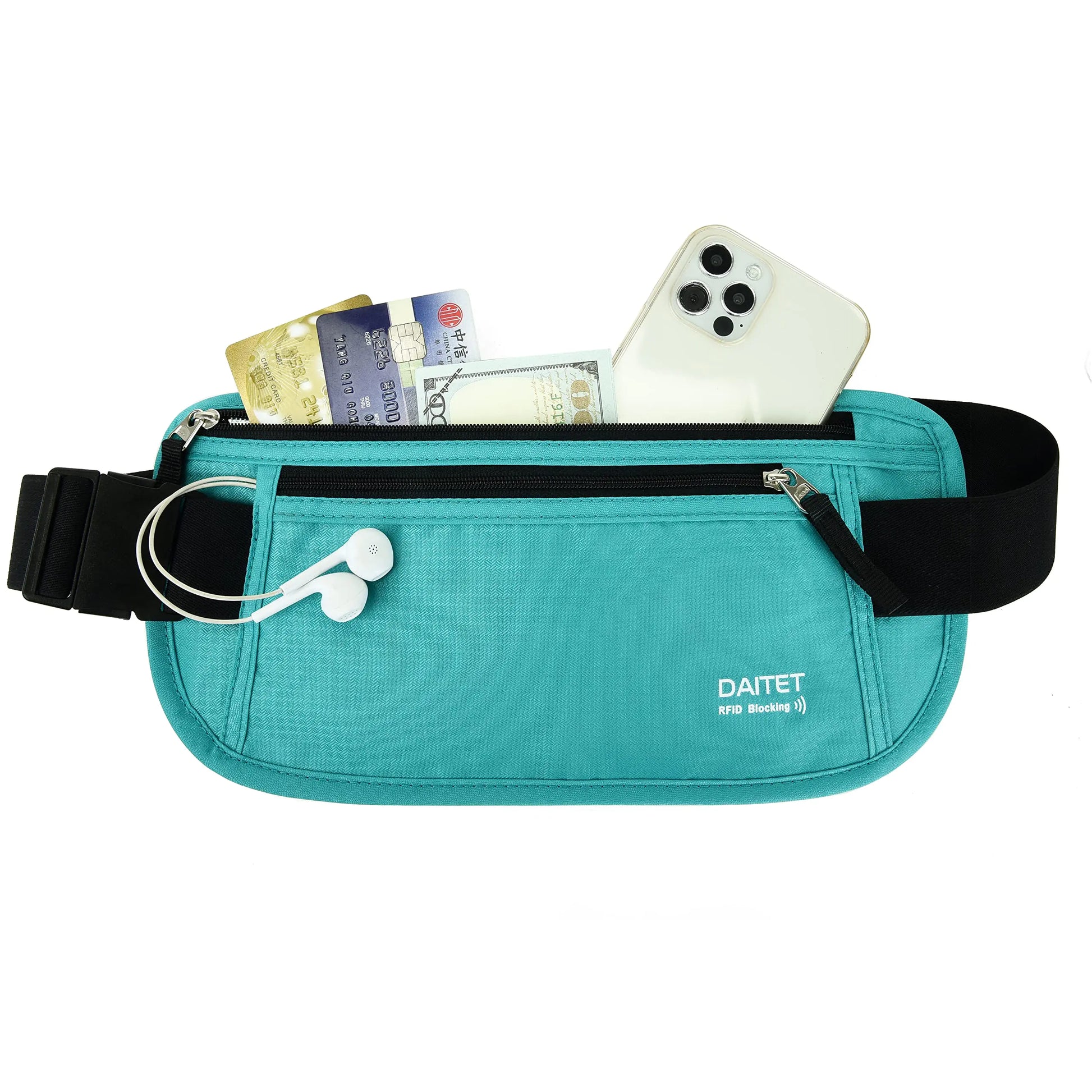 RFID Blocking Money Belt for Men Women, Slim Fanny Pack for Travel，Running,Conceal Waist Wallet for Passport Holder,Phone,Cash(Black Mint Green) Black Mint Green Rfid Blocking & Belt Wide:1.45Inch by Anti Spier