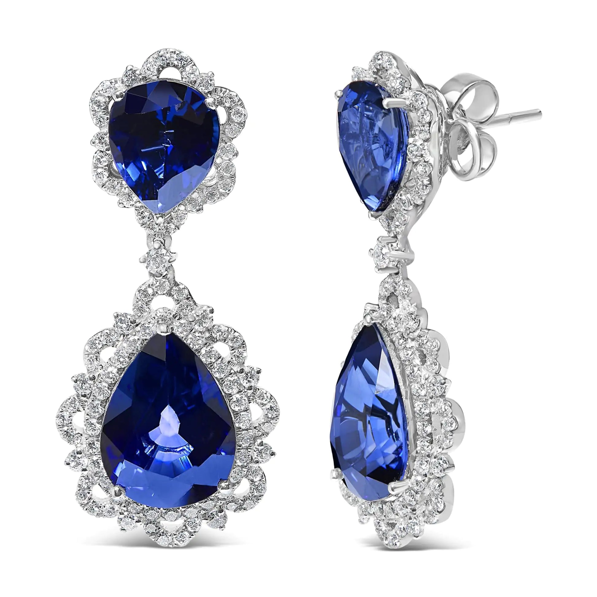 18K White Gold Blue Sapphire and Diamond 2.00 Cttw Diamond Halo Drop and Dangle Earring (G-H Color, SI1-SI2 Clarity) by Anti Spier