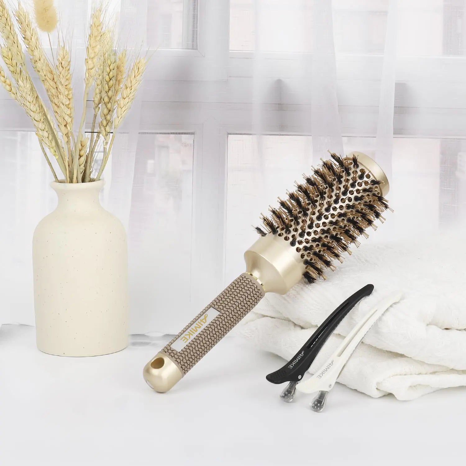 AIMIKE Round Brush, Nano Thermal Ceramic & Ionic Tech Hair Brush, Round Barrel Brush with Boar Bristles for Blow Drying, Styling, Curling, Add Volume & Shine (2.9 inch, Barrel 1.7 inch) + 4 Clips 43mm-1.7 Inch (2.9 Inch with Bristles) by Anti Spier
