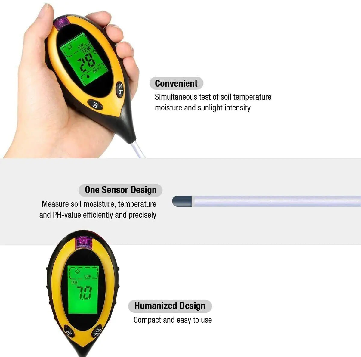 4 In 1 LCD Digital Soil Tester PH Water Moisture Temperature Sunlight Plant Test by Anti Spier