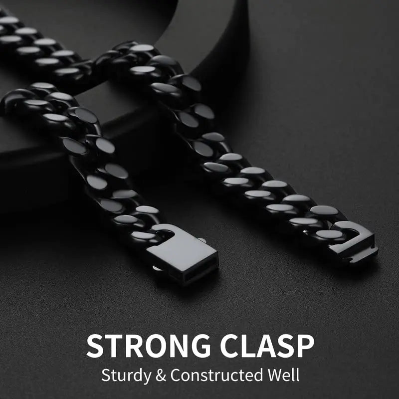 ChainsHouse Stainless Steel Mens Cuban Link Chain, Black/18K Gold Miami Cuban Chain Necklace, 5/7/9mm/12mm Width, No Tarnish& Durable Hip Hop Mens Jewelry, 18"-30", Send Gift Box 20 inches d. 12mm width-black by Anti Spier