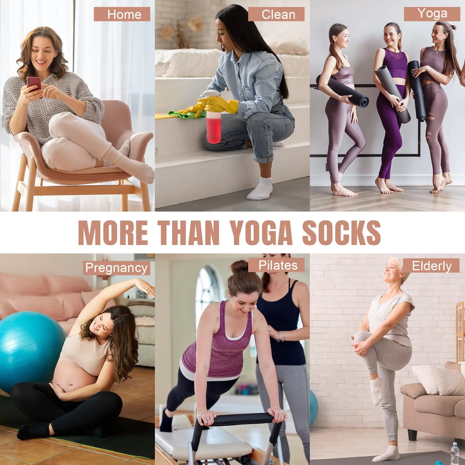Toes Home Pilates Socks for Women with Non Slip Grippers, Yoga Crew Socks for Barre Hospital Sticky Slipper Socks 4 Pairs 6-10 Tan by Anti Spier