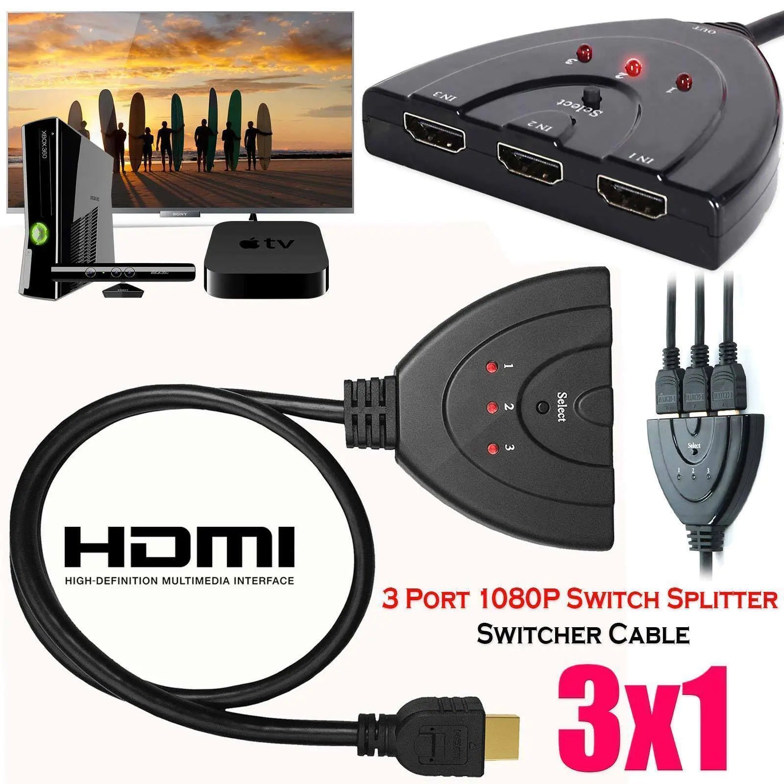 3 Port HDMI Splitter Cable 1080/4K Switch Switcher HUB Adapter for HDTV PS4 Xbox by Anti Spier
