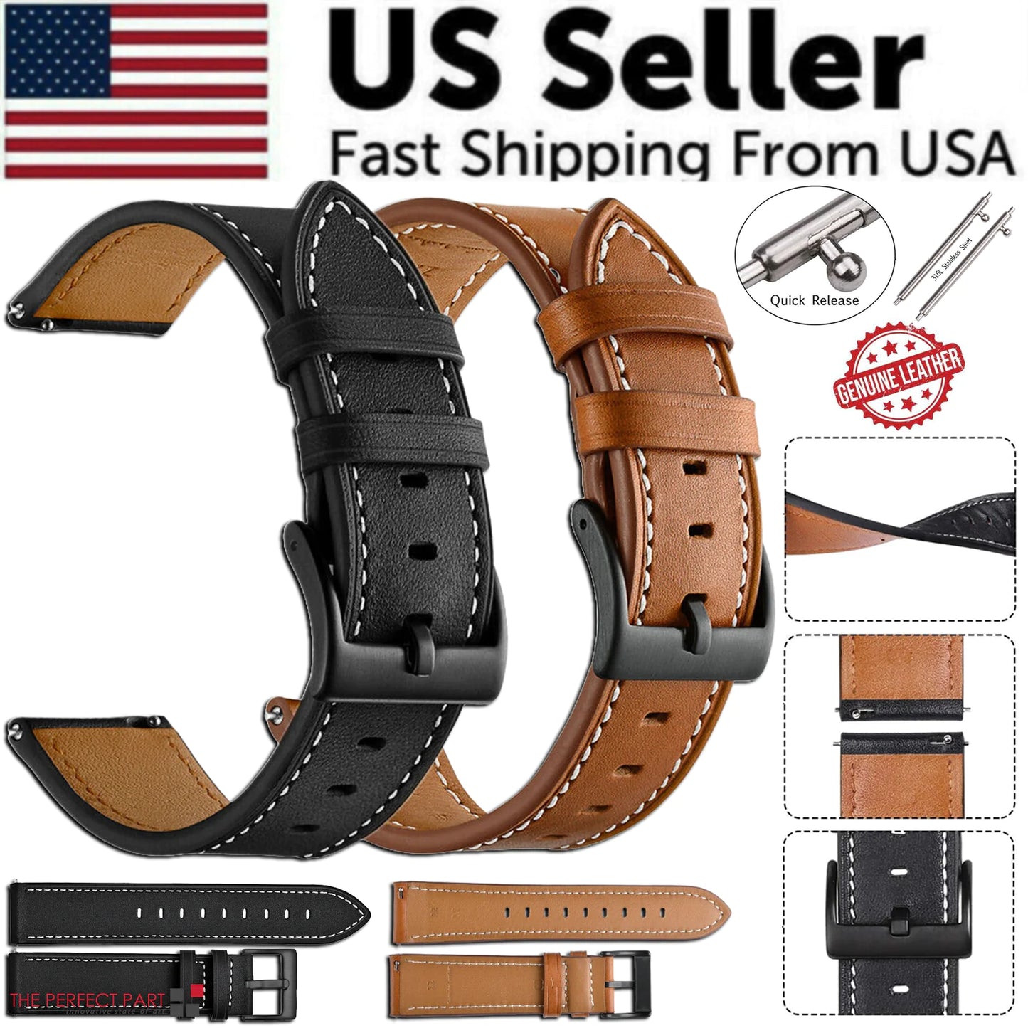 18mm 20mm 22mm Classic Genuine Leather Watch Band Strap Quick Release Wristband by Anti Spier