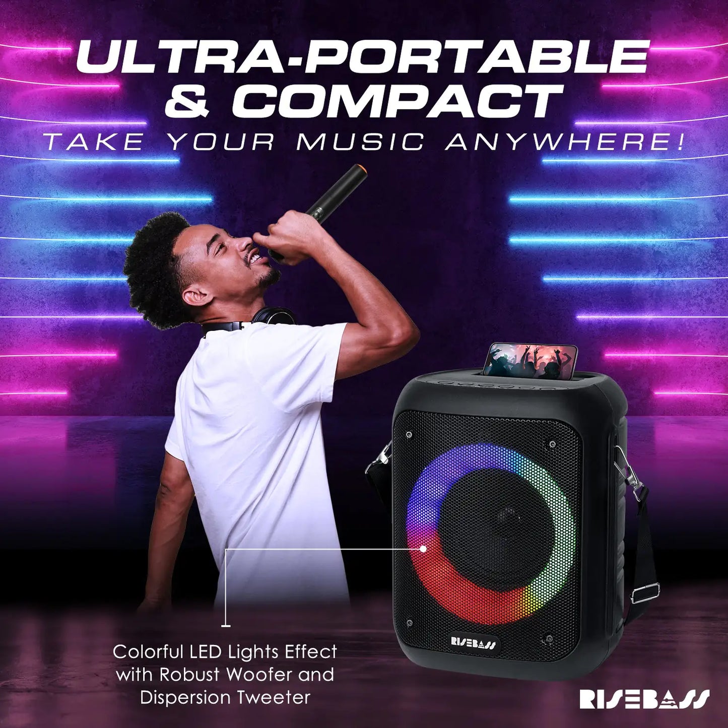 Risebass Portable Karaoke Machine with 2 Wireless Microphones - Bluetooth Rechargeable Speaker with USB/SD/TF Card Support, AUX-in, Tripod Screw Mount and Phone Slot. by Anti Spier