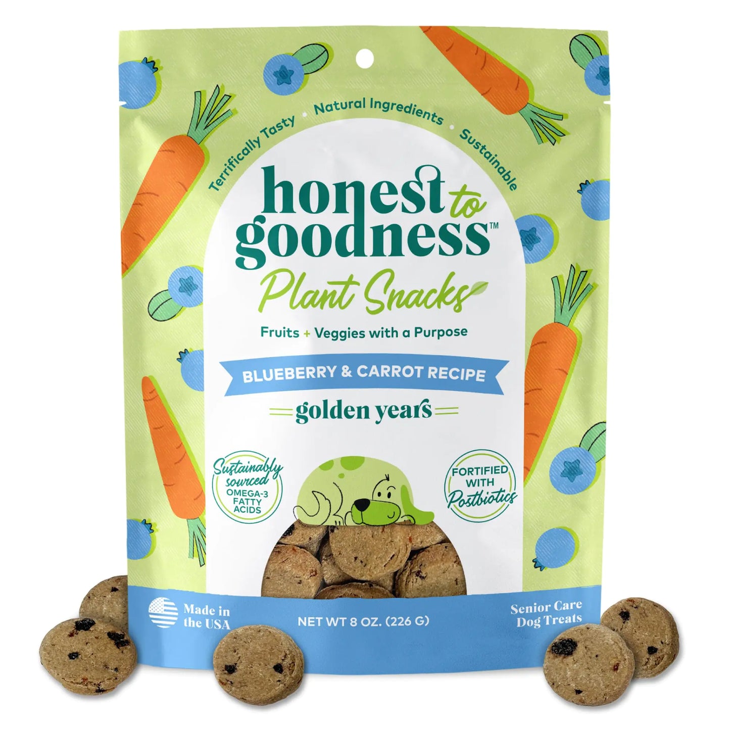Honest to Goodness Plant Snacks Golden Years Blueberry & Carrot Recipe Dog Treats Enriched with Omega 3s & Postbiotics 8oz by Anti Spier