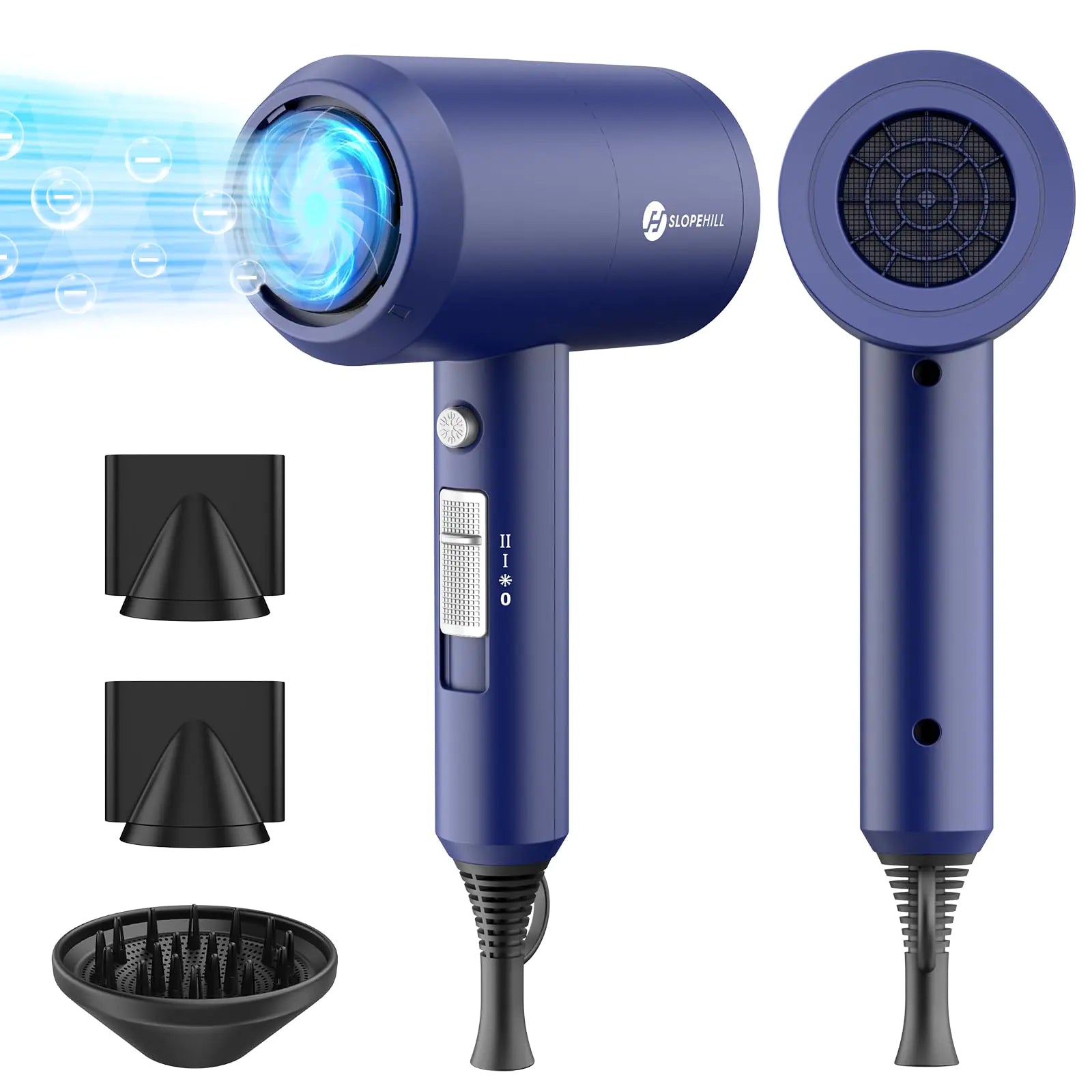 Slopehill Professional Ionic Hair Dryer, Powerful 1800W Fast Drying Low Noise Blow Dryer with 2 Concentrator Nozzle 1 Diffuser Attachments for Home Salon Travel (Prussian Blue) Prussian Blue by Anti Spier