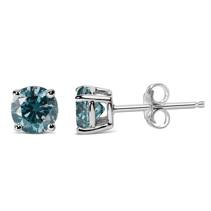 14K Gold Round Brilliant Cut Lab Grown Blue Diamond 4-Prong Classic Solitaire Stud Earrings with Pushbacks by Anti Spier
