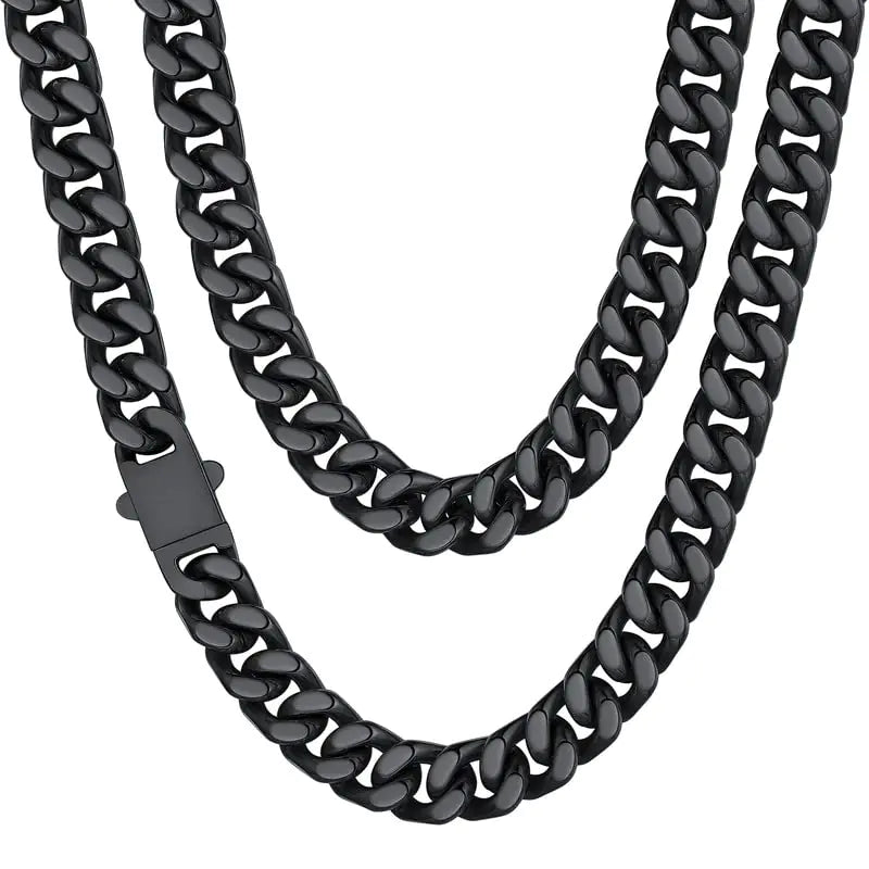 ChainsHouse Stainless Steel Mens Cuban Link Chain, Black/18K Gold Miami Cuban Chain Necklace, 5/7/9mm/12mm Width, No Tarnish& Durable Hip Hop Mens Jewelry, 18"-30", Send Gift Box 20 inches d. 12mm width-black by Anti Spier