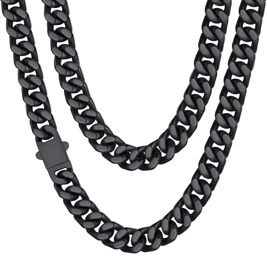 ChainsHouse Stainless Steel Mens Cuban Link Chain, Black/18K Gold Miami Cuban Chain Necklace, 5/7/9mm/12mm Width, No Tarnish& Durable Hip Hop Mens Jewelry, 18"-30", Send Gift Box 20 inches d. 12mm width-black by Anti Spier