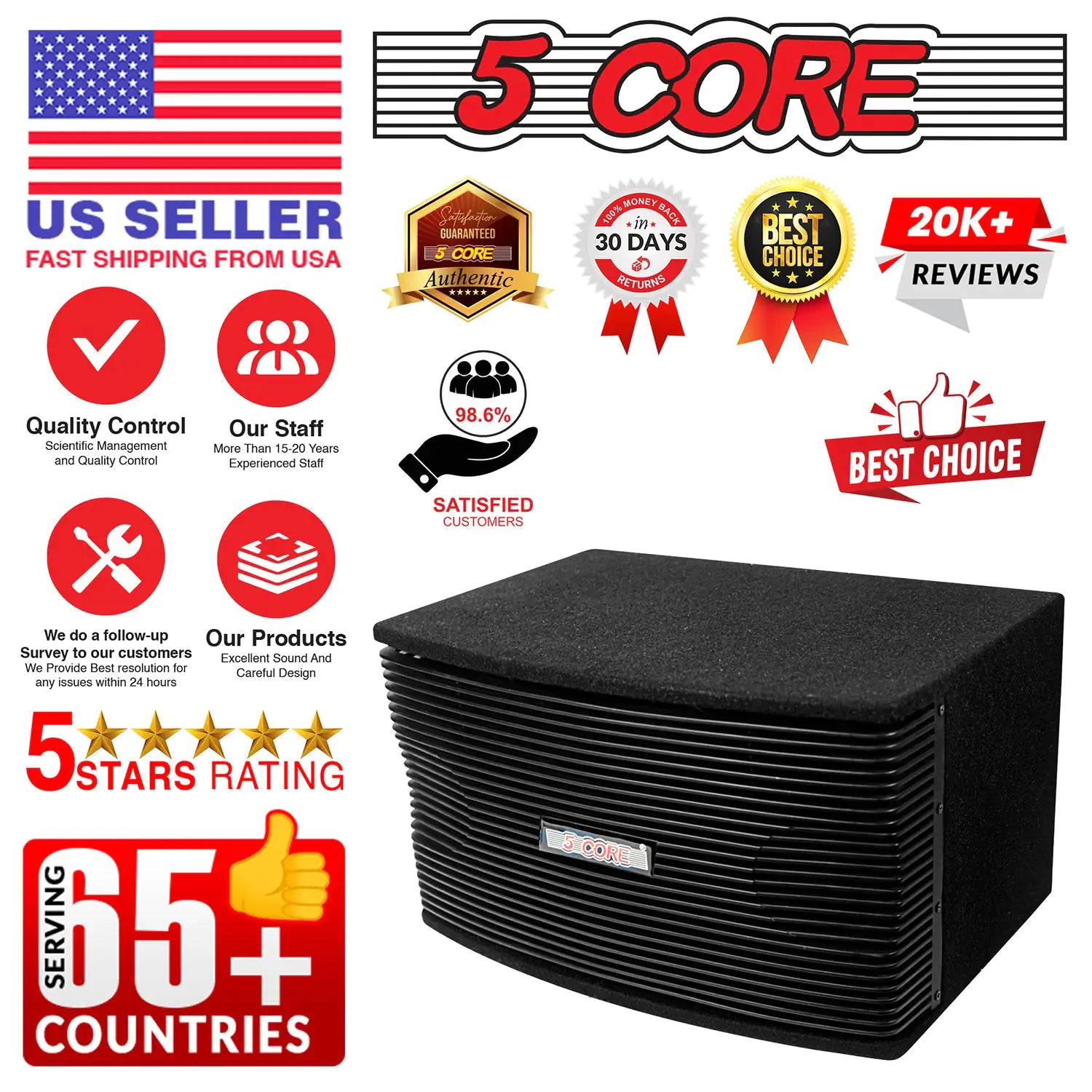 5Core Box Subwoofer for Car 1Pc Black 800W Peak Power 8 Inch Vented Trunk Speaker Woofer 8 Ohm by Anti Spier