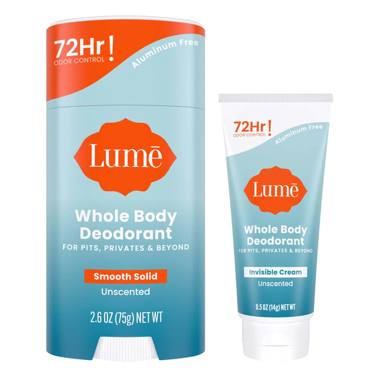 Lume Whole Body Deodorant - Invisible Cream Tube Mini and Solid Stick - 72 Hour Odor Control - Aluminum Free, Baking Soda Free, Skin Safe - 0.5 Oz Mini Tube + 2.6 Oz Solid Stick (Unscented) Unscented by Anti Spier
