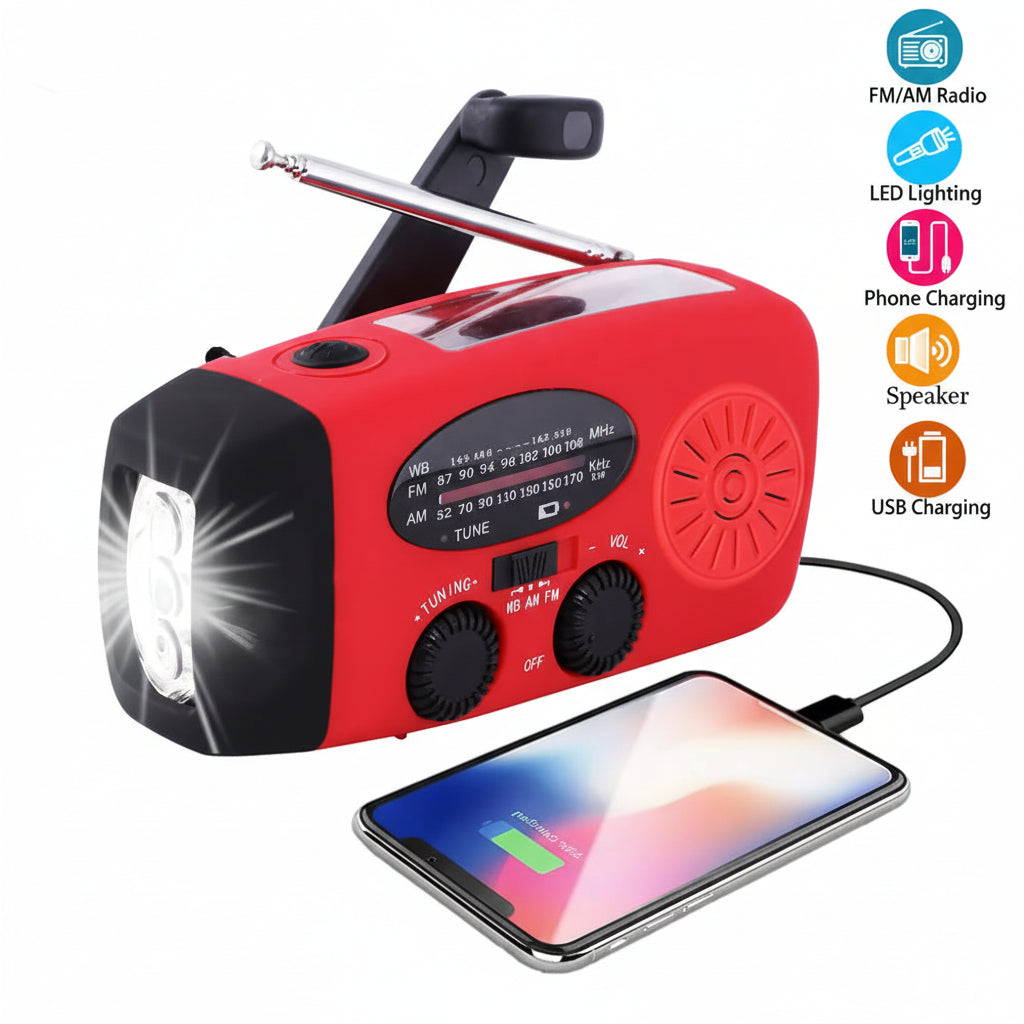 Emergency Radio with Flashlight — Solar, Hand Crank & USB Powered by Anti Spier