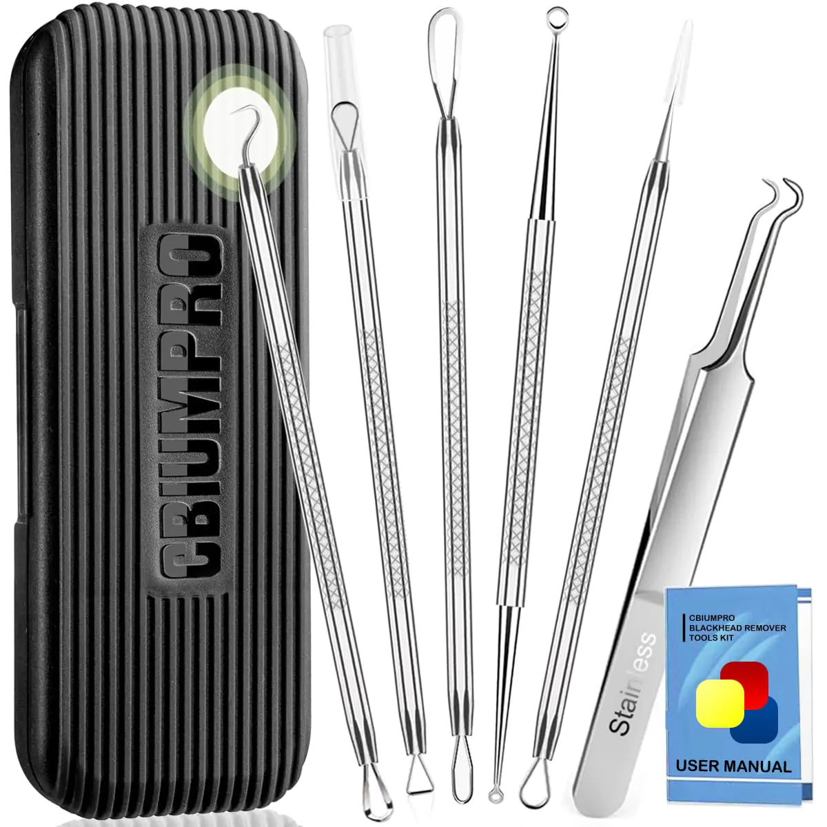 Cbiumpro Blackhead Remover Tools, Pimple Popper Tool Kit, Blackhead Extractor Tool, Zit Popper Tool, Professional Pimple Extractor Tool for Blackhead, Acne, Whitehead, Comedone on Nose - with Case Pimple Popper Tools 6 Pack - Cool Black by Anti Spier
