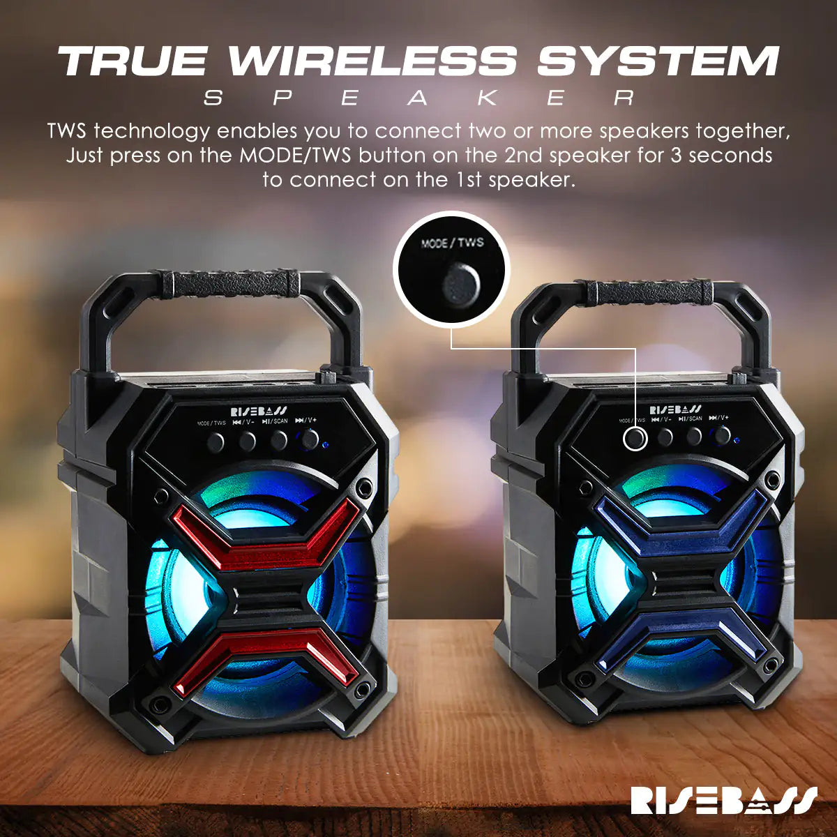 Portable Wireless Bluetooth Speaker with TWS Function - Rechargeable Bluetooth Speaker - LES flashing Lights by Anti Spier