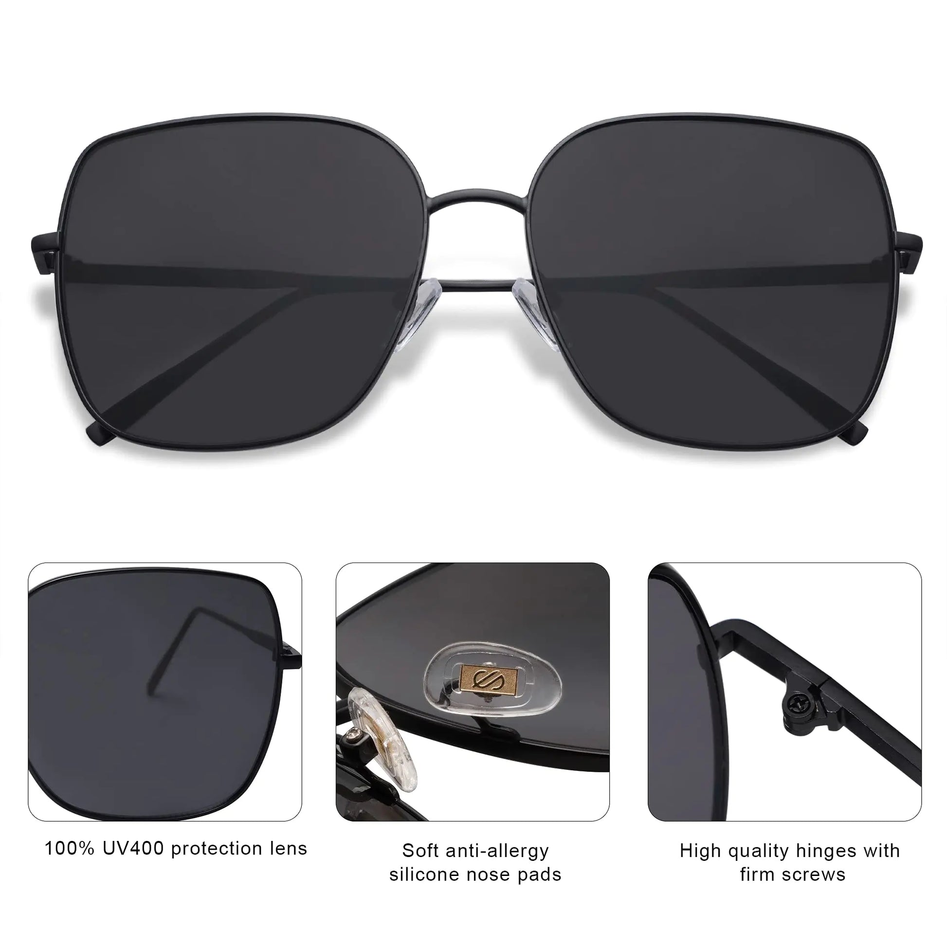 SOJOS Trendy Oversized Square Metal Frame Sunglasses for Women Men Flat Mirrored Lens UV Protection Sunglasses SJ1146 Black/Grey by Anti Spier