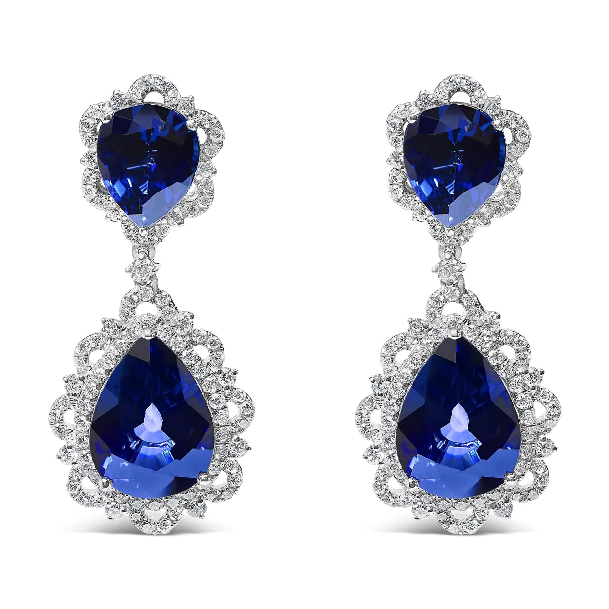 18K White Gold Blue Sapphire and Diamond 2.00 Cttw Diamond Halo Drop and Dangle Earring (G-H Color, SI1-SI2 Clarity) by Anti Spier