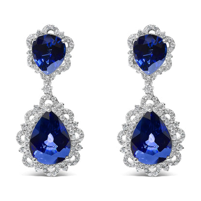 18K White Gold Blue Sapphire and Diamond 2.00 Cttw Diamond Halo Drop and Dangle Earring (G-H Color, SI1-SI2 Clarity) by Anti Spier