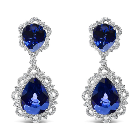 18K White Gold Blue Sapphire and Diamond 2.00 Cttw Diamond Halo Drop and Dangle Earring (G-H Color, SI1-SI2 Clarity) by Anti Spier