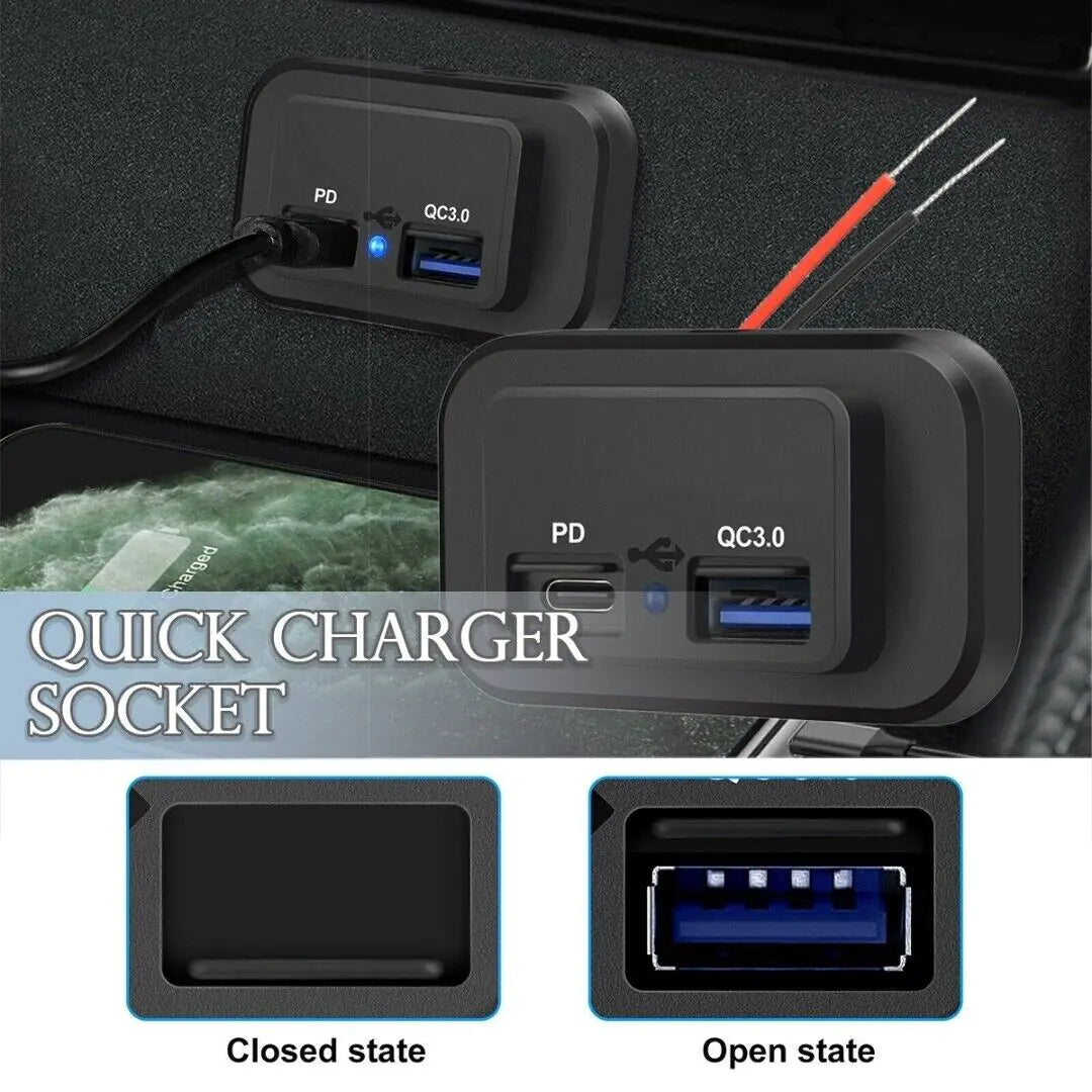 12-24V 4.8A Dual USB PD QC3.0 Car Boat RV Fast Charger Socket LED Power Outlet by Anti Spier