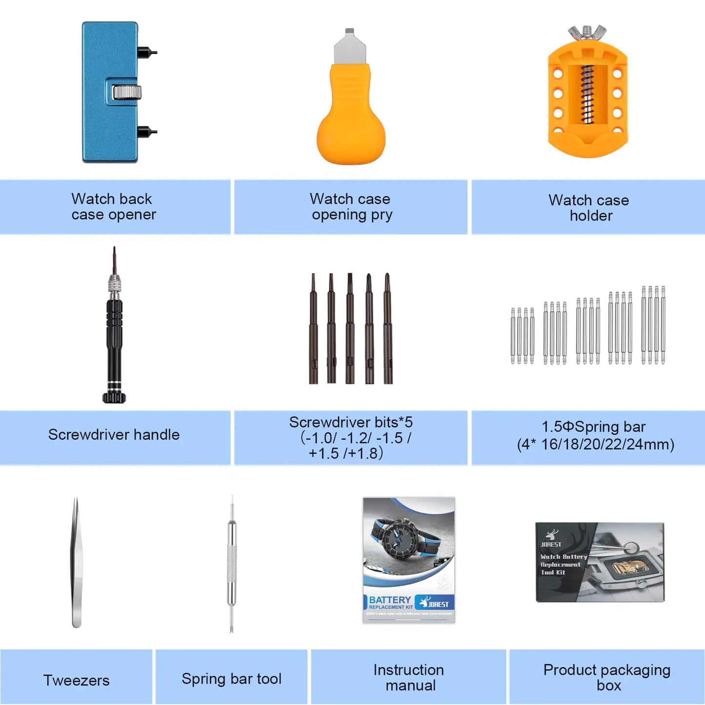 JOREST Watch Battery Replacement Kit, Watch Repair Screwdriver, Watch Band Replacement tool, Watch Wrench Back Remover, Watch Case Opener, Watch Back Remover Holder, Spring bar, Tweezers by Anti Spier