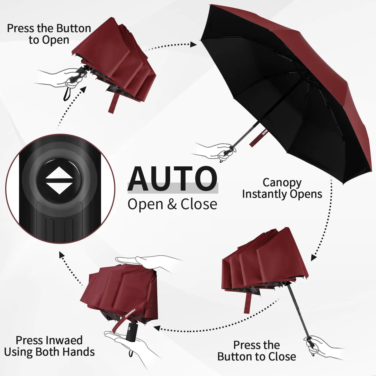 Yoobure Windproof Travel Umbrella, Automatic Umbrellas for Rain, Portable & Compact Umbrella for Backpack, Sun Umbrella for Walking, Folding Small Umbrella for Car, Lightweight Strong UV Protection Auto-Burgundy Red by Anti Spier