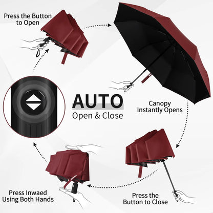 Yoobure Windproof Travel Umbrella, Automatic Umbrellas for Rain, Portable & Compact Umbrella for Backpack, Sun Umbrella for Walking, Folding Small Umbrella for Car, Lightweight Strong UV Protection Auto-Burgundy Red by Anti Spier