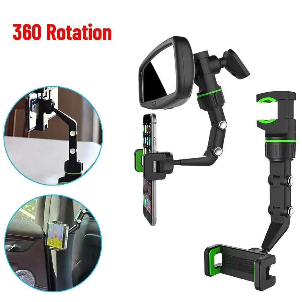 360° Car Rearview Mirror Rotation Adjustable Phone Holder Mount Multifunction by Anti Spier
