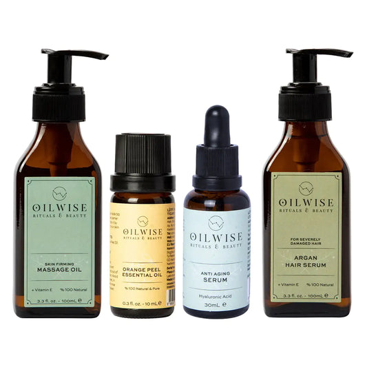 Oilwise Firming Care Kit, GCMS certified, Steam Distillation, Not Diluted, Cold Pressed Essential Oils, Skin Firming Anti-Cellulite Massage Oil, Orange Peel Essential Oil, Anti Aging Moisturizer Serum, Argan Hair Repair Serum by Anti Spier