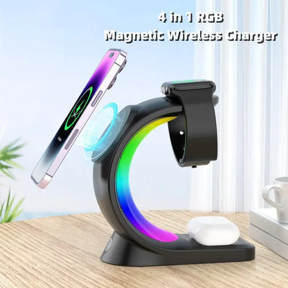 4 In 1 Magnetic Wireless Charger Fast Charging For Smart Phone Atmosphere Light Charging Station For Airpods Pro I-phone Watch by Anti Spier