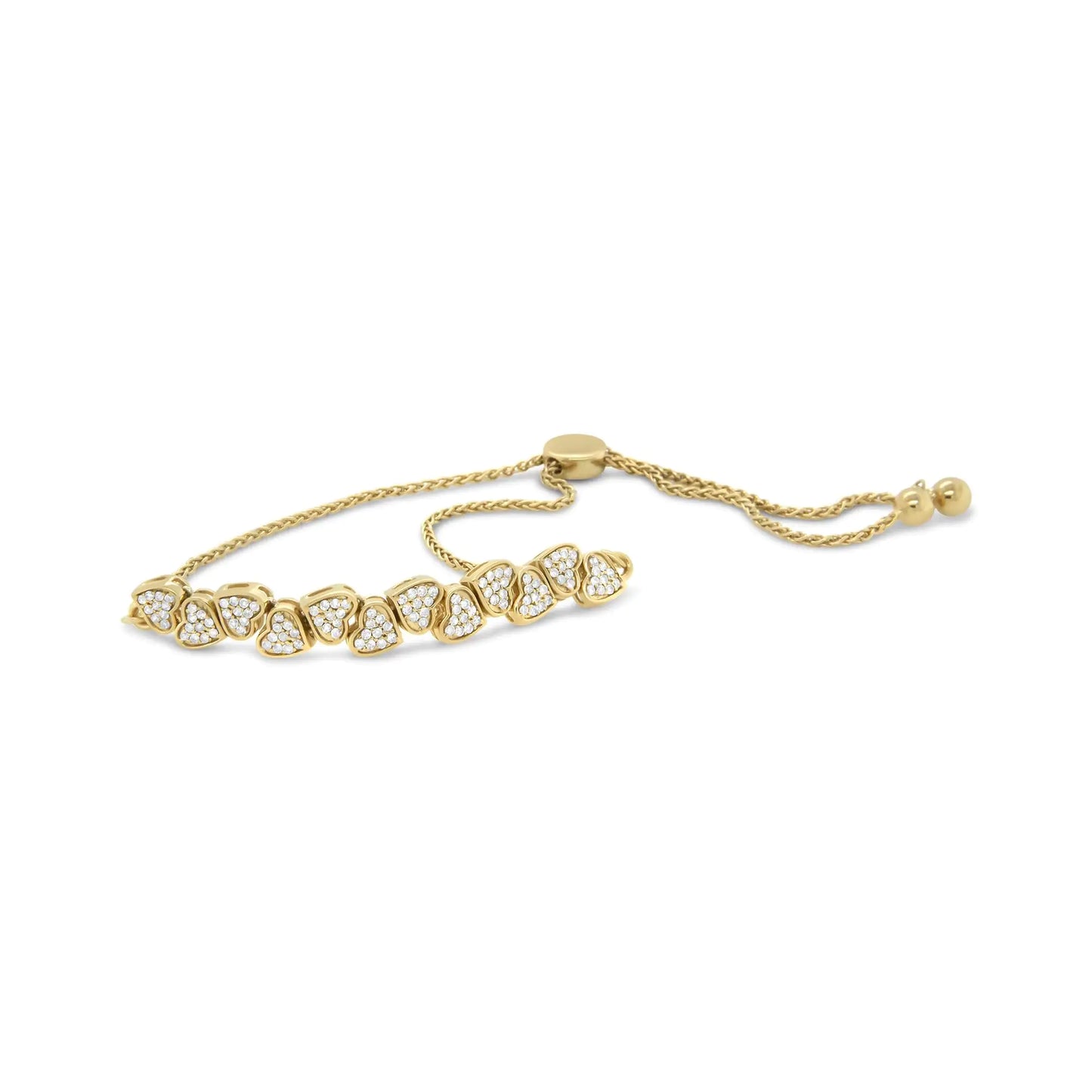 Yellow Gold Plated .925 Sterling Silver 1/2 Cttw Diamond Sideways Hearts Bolo Bracelet (H-I Color, I1-I2 Clarity) - 4”-10” Adjustable by Anti Spier
