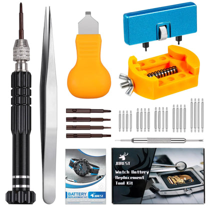 JOREST Watch Battery Replacement Kit, Watch Repair Screwdriver, Watch Band Replacement tool, Watch Wrench Back Remover, Watch Case Opener, Watch Back Remover Holder, Spring bar, Tweezers by Anti Spier