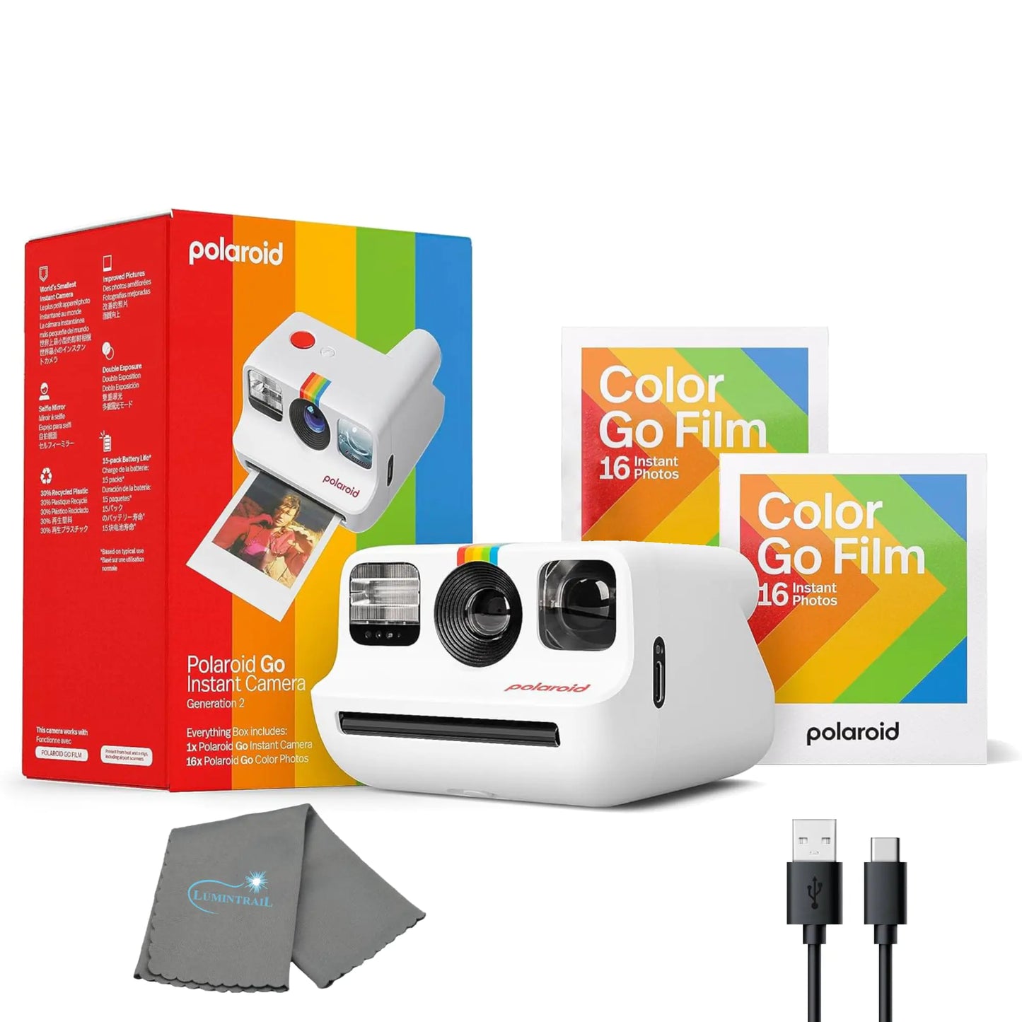 Polaroid Generation 2 Go Instant Mini Camera Starter Set White Instant Camera with 32 Polaroid Go Color Instant Film Bundle with a Lumintrail Lens Cleaning Cloth by Anti Spier