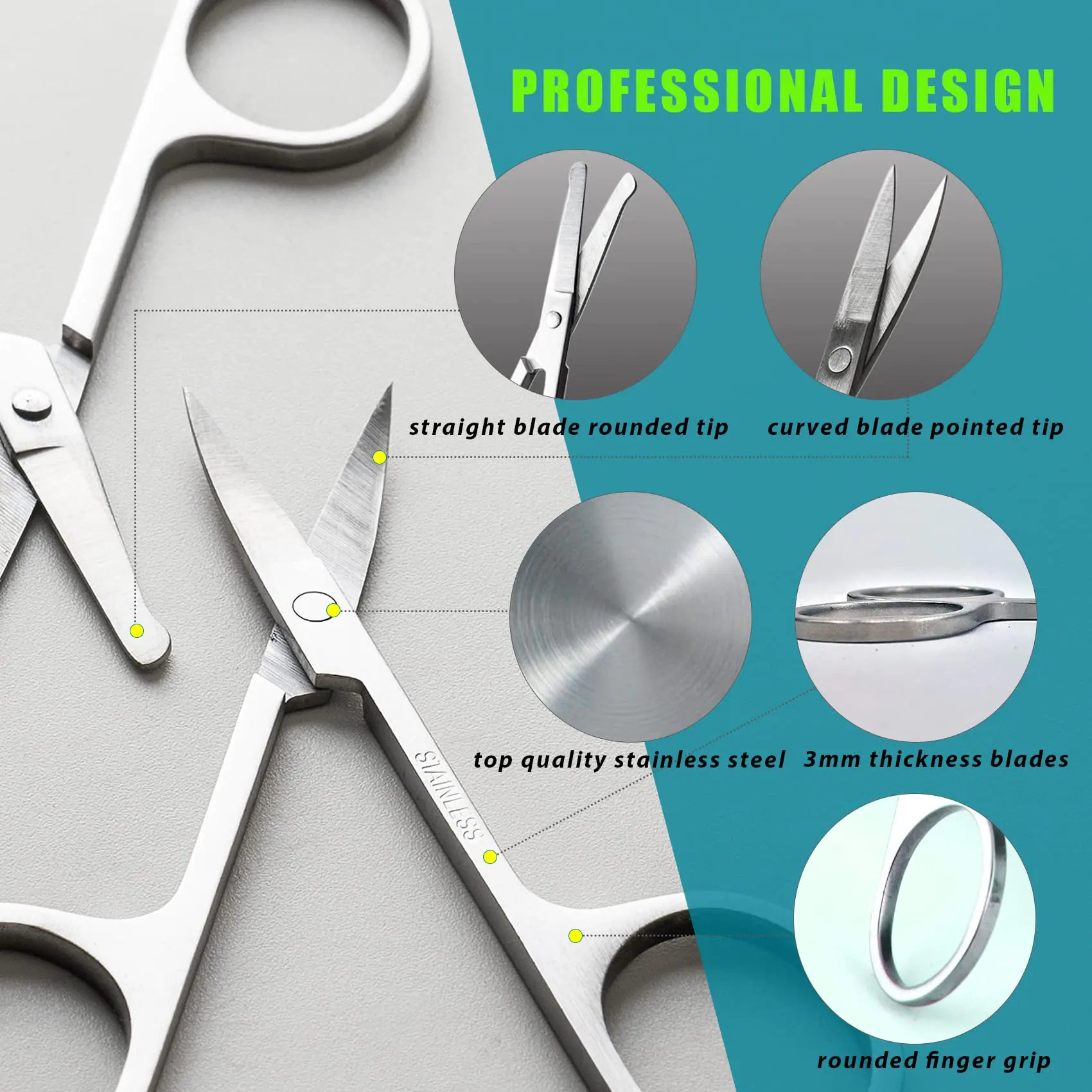 Facial Hair Small Grooming Scissors For Men Women - Eyebrow, Nose Hair, Mustache, Beard, Eyelashes, Ear Trimming Kit - Curved and Rounded Safety Tip Clippers For Hair Cutting - 2PCS Silver by Anti Spier