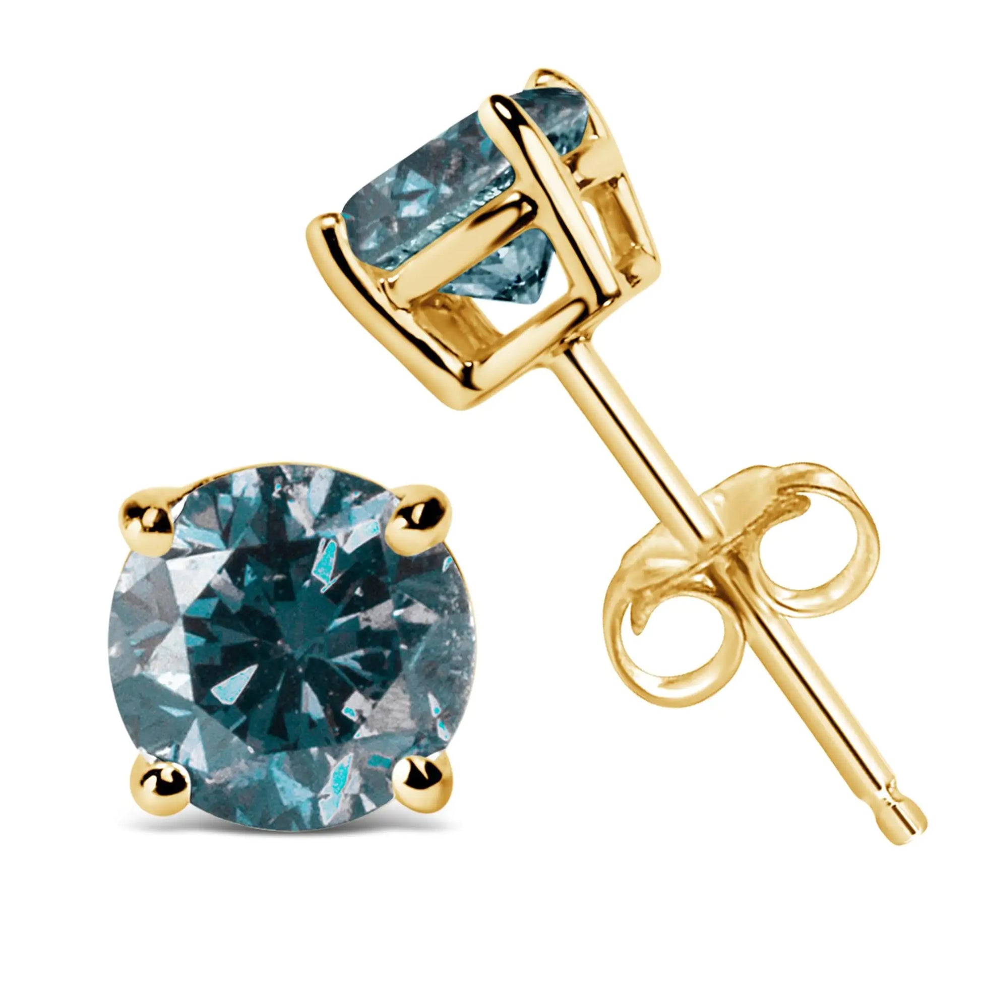 14K Gold Round Brilliant Cut Lab Grown Blue Diamond 4-Prong Classic Solitaire Stud Earrings with Pushbacks by Anti Spier
