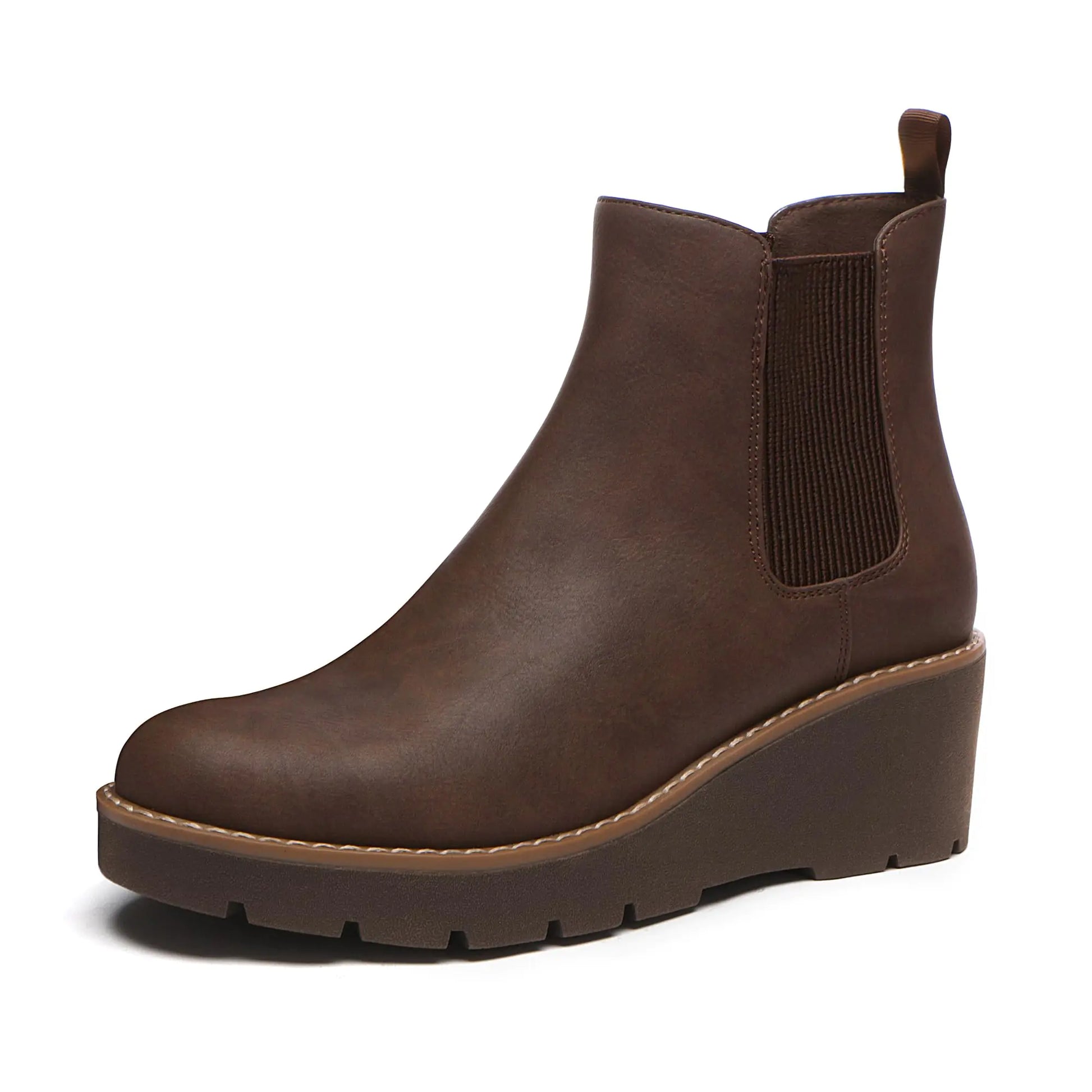 Athlefit Women's Chelsea Wedge Boots Elastic Platform Lug Sole Slip on Wedge Ankle Booties 6.5 Brown by Anti Spier