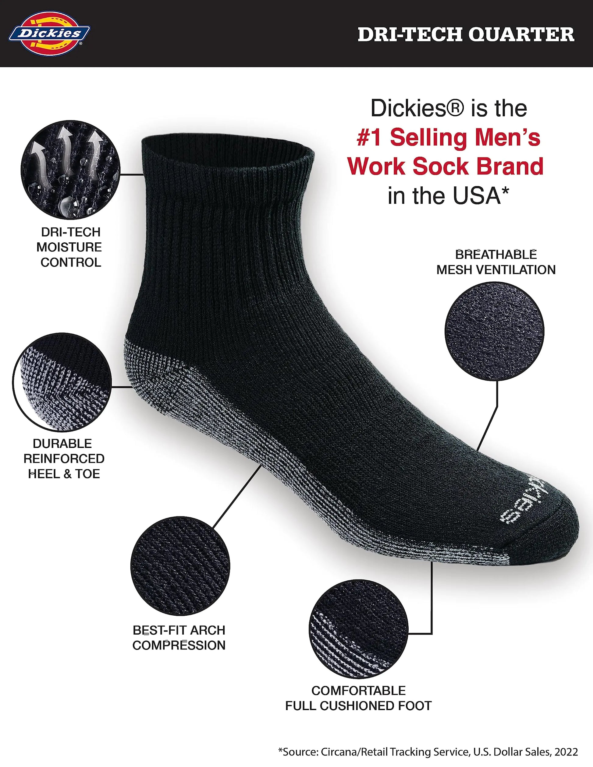 Dickies Men's Dri-tech Moisture Control Quarter Socks, Available in M-XXL (6, 12, 18 Pairs) Medium Black (12 Pairs) by Anti Spier