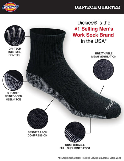 Dickies Men's Dri-tech Moisture Control Quarter Socks, Available in M-XXL (6, 12, 18 Pairs) Medium Black (12 Pairs) by Anti Spier