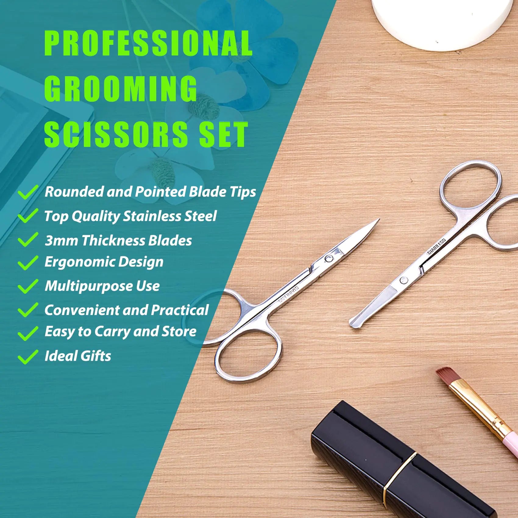 Facial Hair Small Grooming Scissors For Men Women - Eyebrow, Nose Hair, Mustache, Beard, Eyelashes, Ear Trimming Kit - Curved and Rounded Safety Tip Clippers For Hair Cutting - 2PCS Silver by Anti Spier