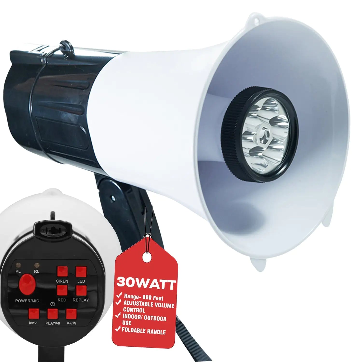 5Core Megaphone Bullhorn Speaker 30W LED Bull Horn Battery Power Cheer Megafono 800 Yard by Anti Spier
