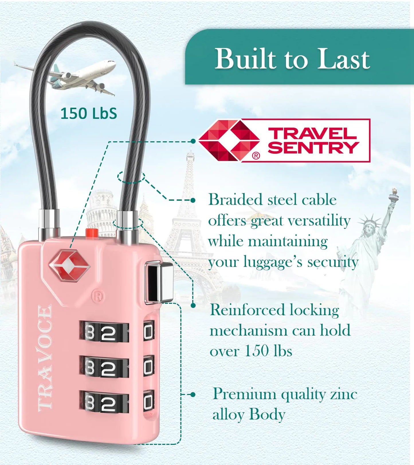Search Alert TSA Approved Travel Combination Luggage Cable Locks for Suitcase, Gym Locker,Toolbox,Backpack 1,2,4,6 &10 pk Pink 2 Pack by Anti Spier