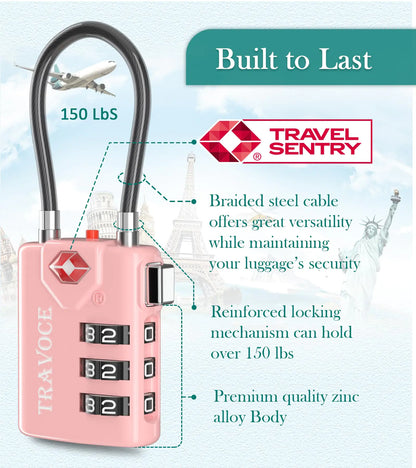Search Alert TSA Approved Travel Combination Luggage Cable Locks for Suitcase, Gym Locker,Toolbox,Backpack 1,2,4,6 &10 pk Pink 2 Pack by Anti Spier