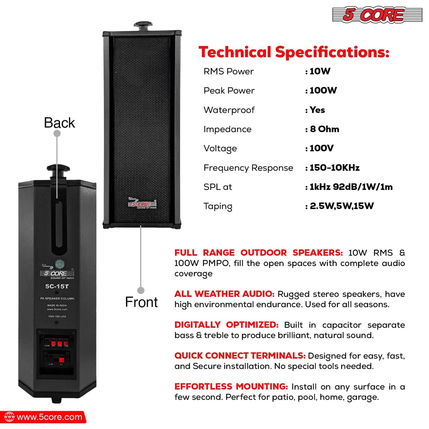 5Core Outdoor Speakers Stereo In Wall 100W Peak Passive Home Audio System by Anti Spier