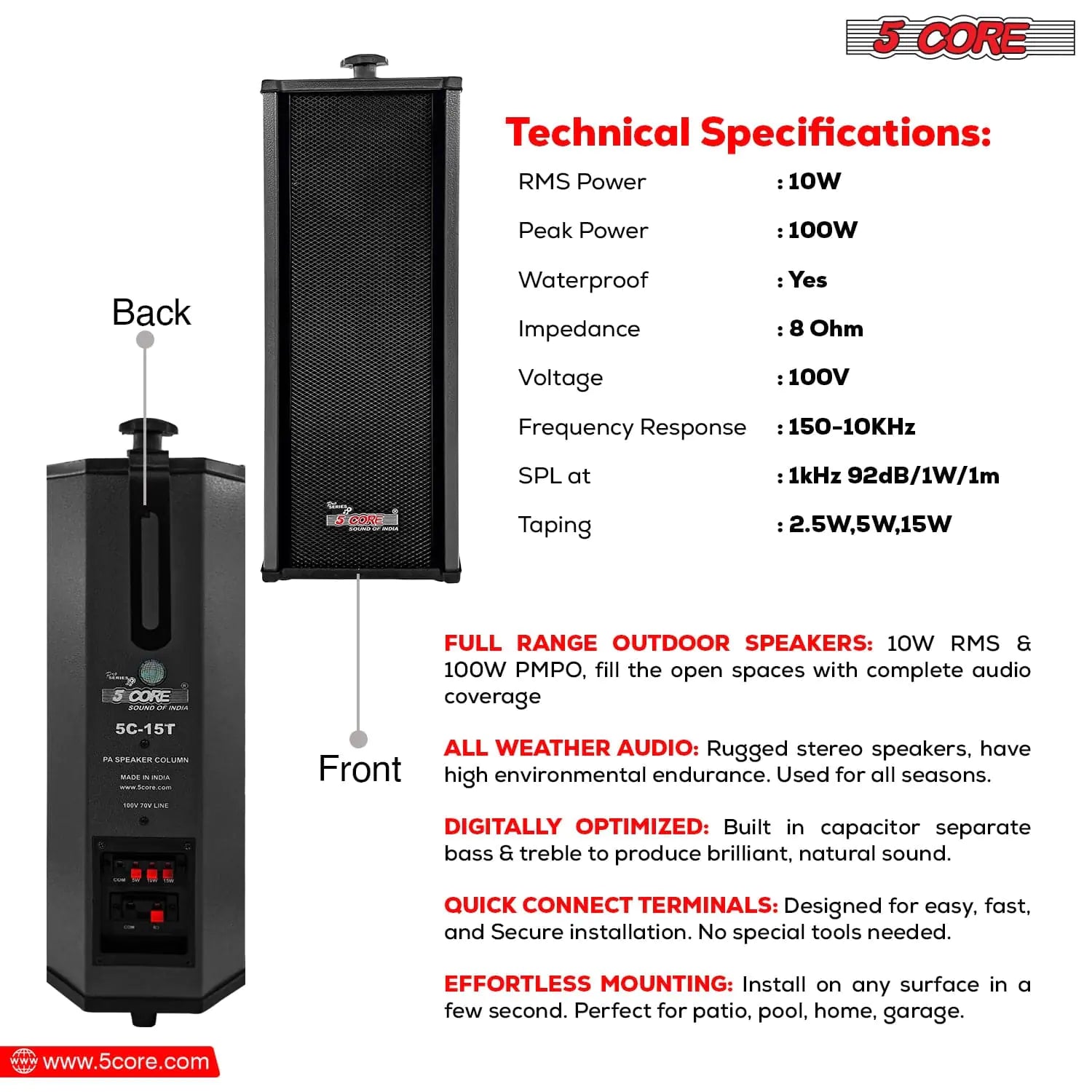 5Core Outdoor Speakers Stereo In Wall 100W Peak Passive Home Audio System by Anti Spier