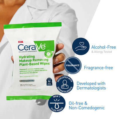 CeraVe Hydrating Facial Cleansing Makeup Remover Wipes| Plant Based Face Biodegradable in Home Compost| Wash Cloth| Suitable for Sensitive Skin| Fragrance-free Non-comedogenic| 25 Count by Anti Spier