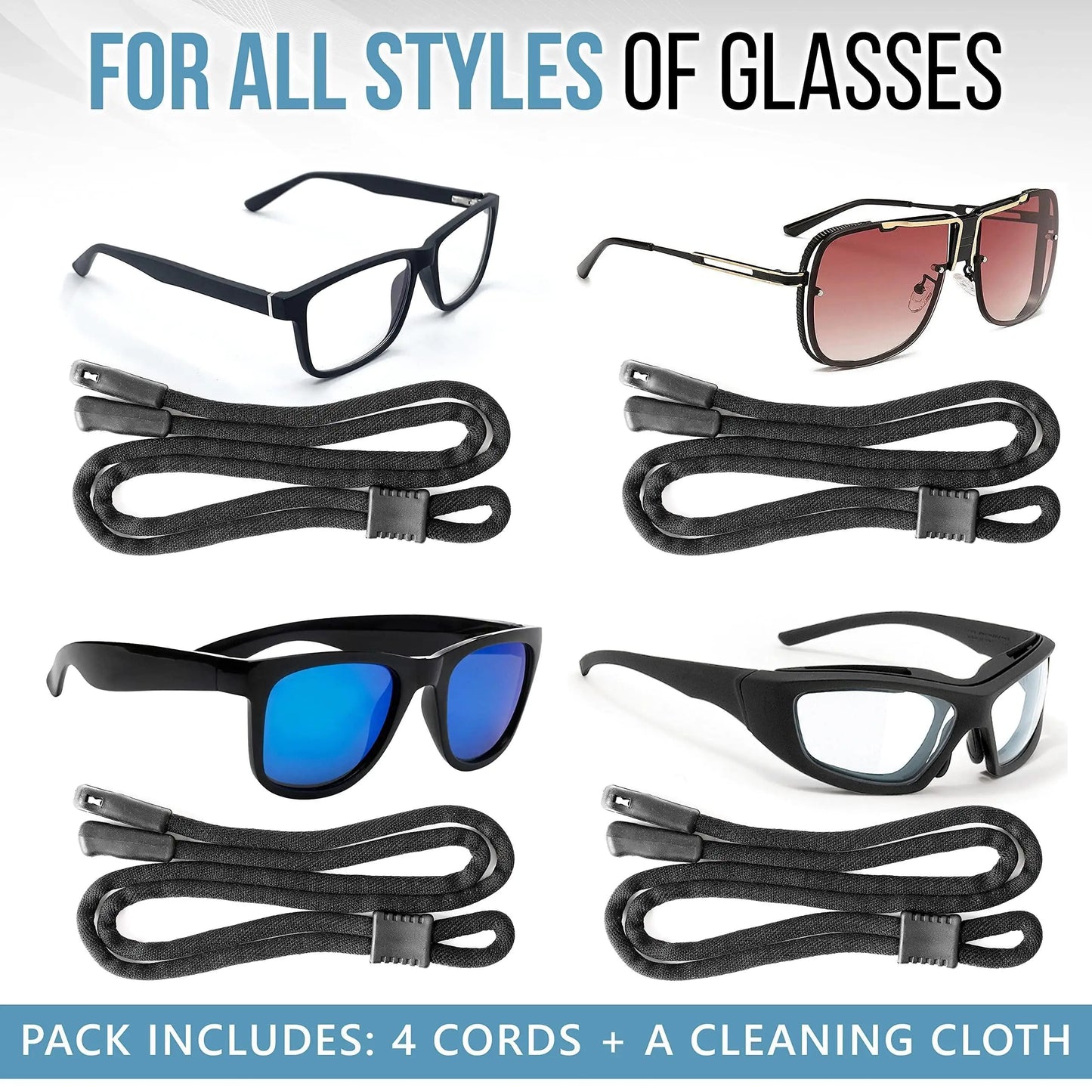 Eyeglasses String Holder Strap Glasses Cords 4 Pcs Black Adjustable 27 inch Long by Anti Spier